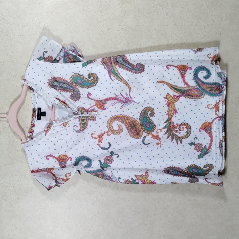 *E188 Talbots white w/multi-color paisley S/S cotton blouse M FINAL PRICE